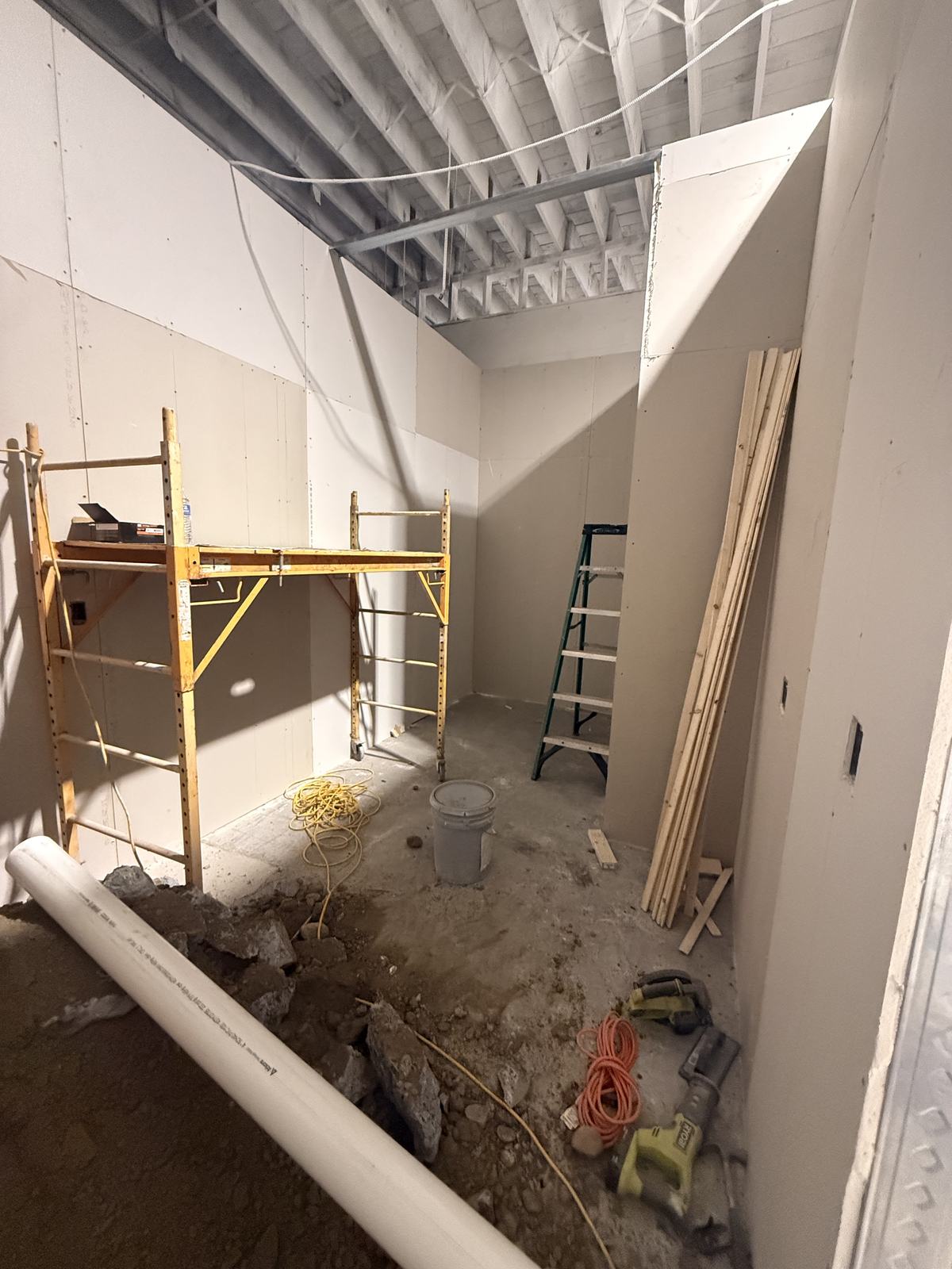 Interior construction site with scaffolding